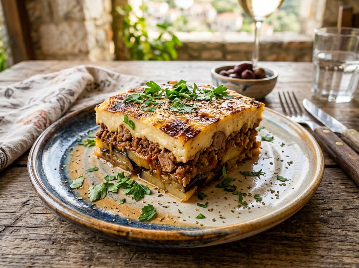 Authentic Greek Moussaka (Layers of Eggplant, Spiced Meat & Creamy Béchamel)