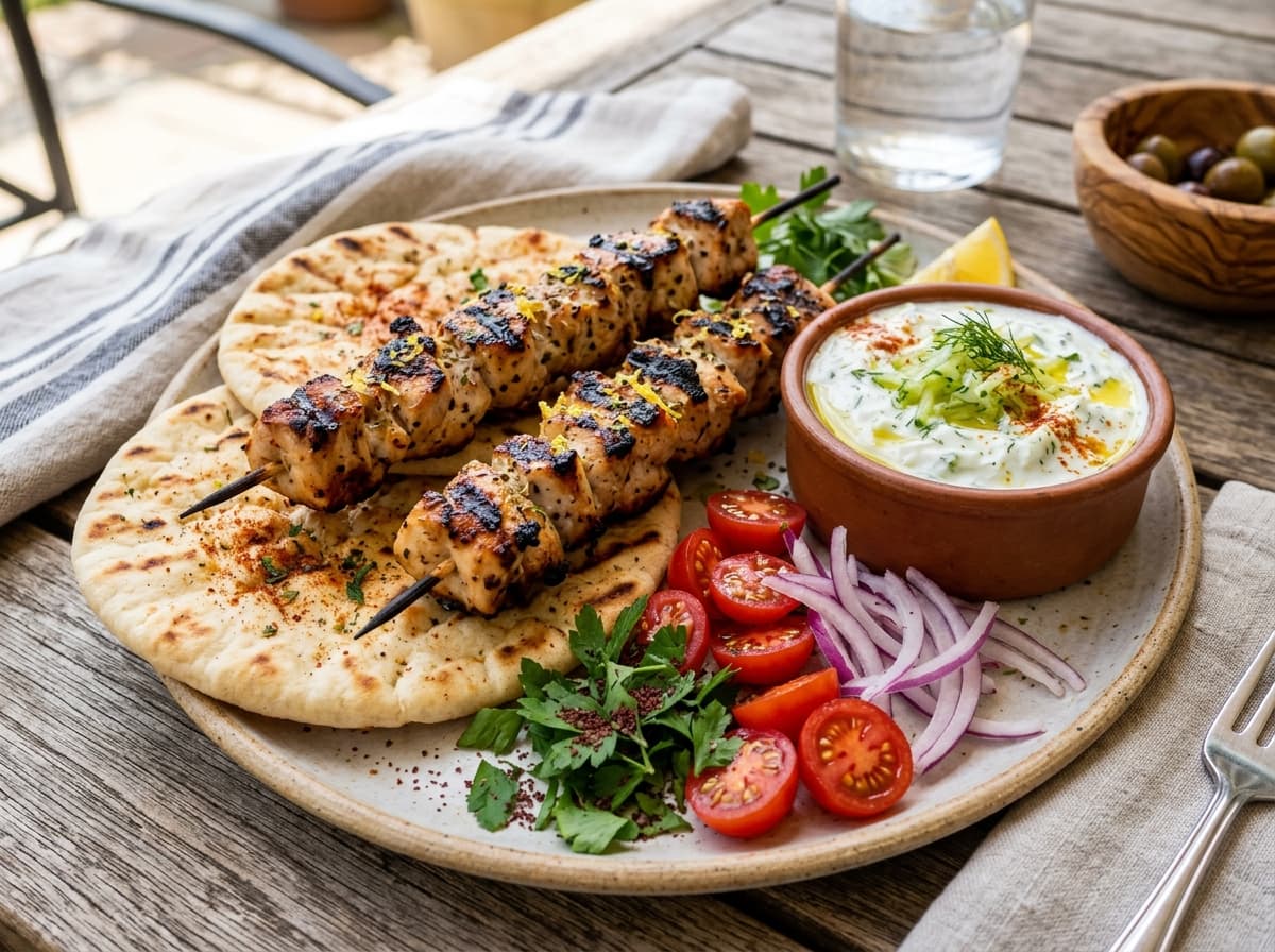 Greek Chicken Souvlaki with Tzatziki & Warm Pita Bread